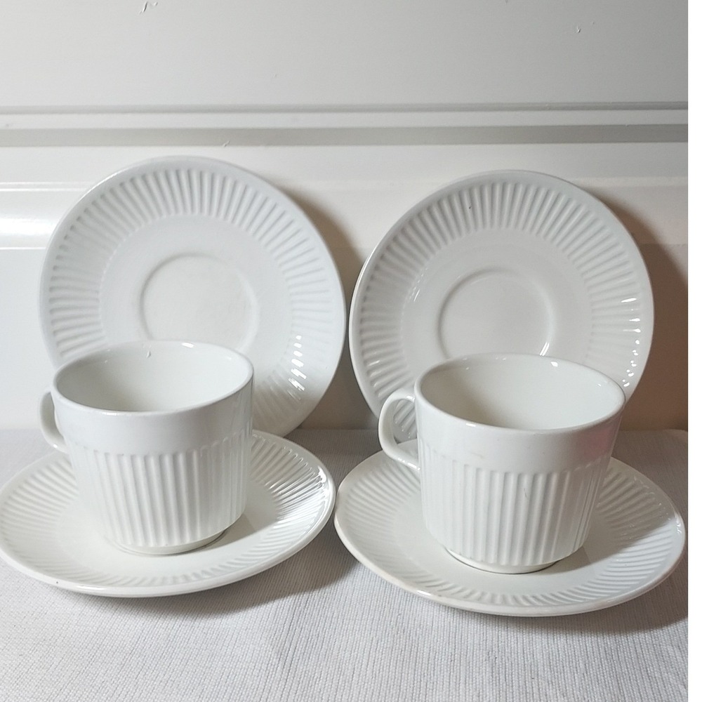 Johnson Brothers Ironstone Cup Saucer Set 6pc White Ribbed Made in England 1L3